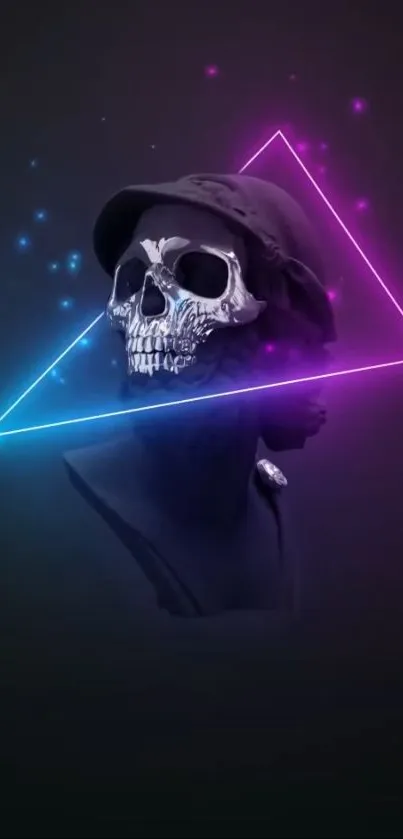 Neon skull with triangular neon lights on dark background.