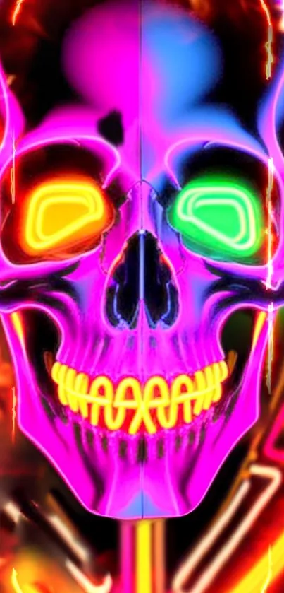 Vibrant neon skull art on a colorful wallpaper background.