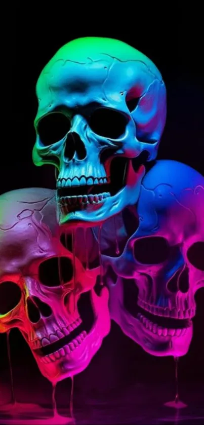 Vibrant neon skulls with bold colors on a black background mobile wallpaper.