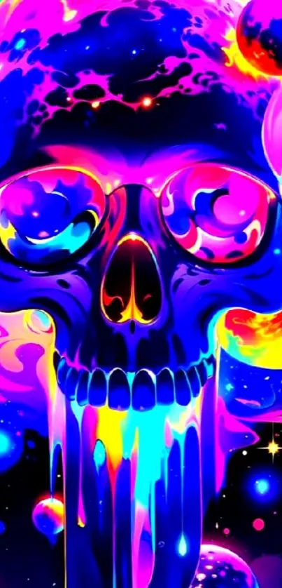 Vibrant neon skull with cosmic colors in psychedelic design.