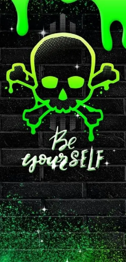 Neon skull on brick, vibrant green design.