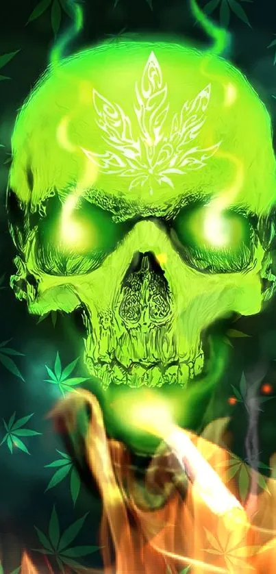 Neon green skull with cannabis leaves and glowing effect wallpaper.