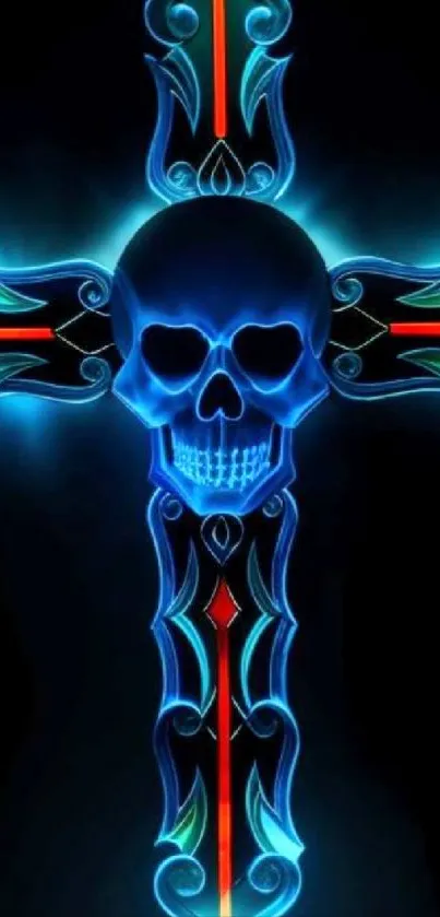 Neon blue skull cross with intricate glowing design on dark background.