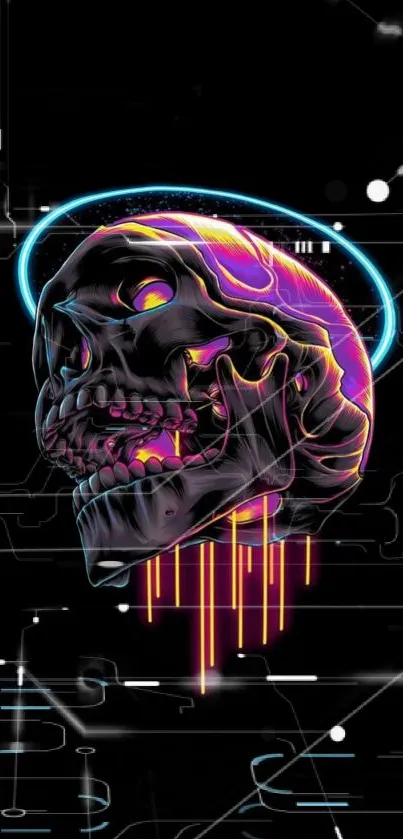 Neon cyber skull with vibrant colors on a black background.