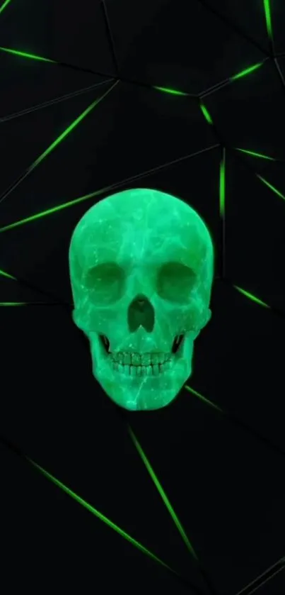 Neon green skull on dark geometric background wallpaper.