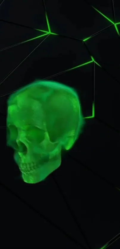 Neon green skull on dark geometric background wallpaper.