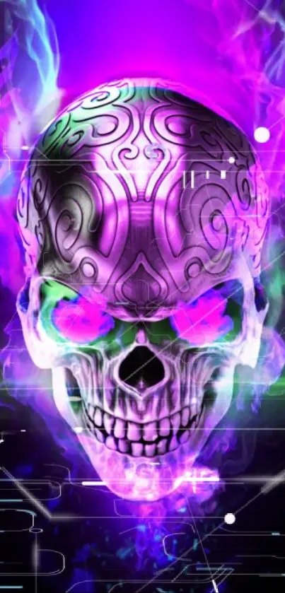 Neon skull design with luminous purple and intricate patterns.