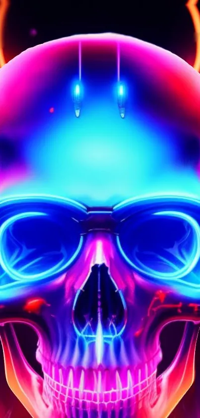 Neon skull glowing digital art wallpaper with vibrant colors.