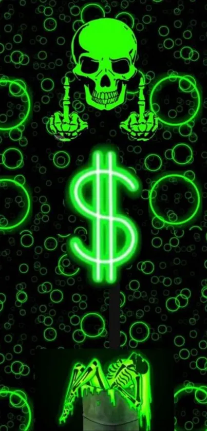 Neon skull and dollar sign wallpaper with green glow.