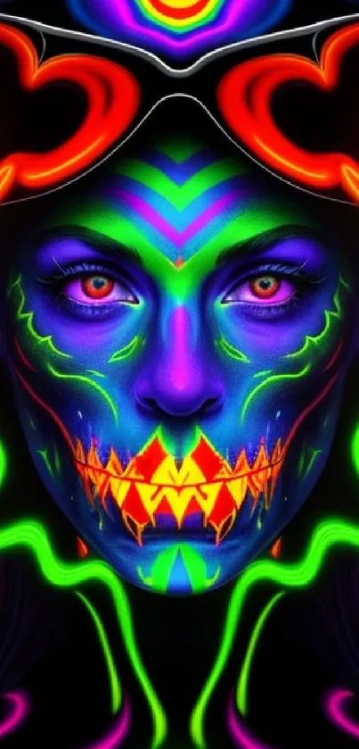 Vibrant neon skull face art with glowing colors, perfect for wallpaper.