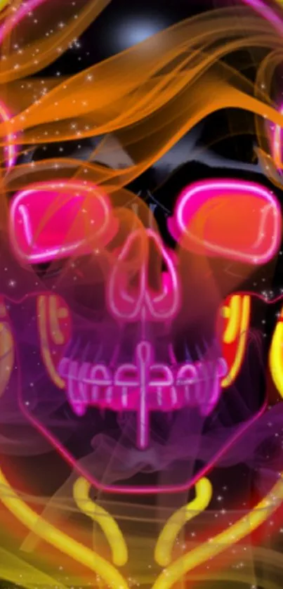 Colorful neon skull with swirling lights and abstract patterns.