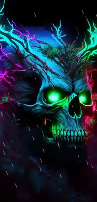 Neon skull with glowing eyes and antlers in electric colors on a dark background.