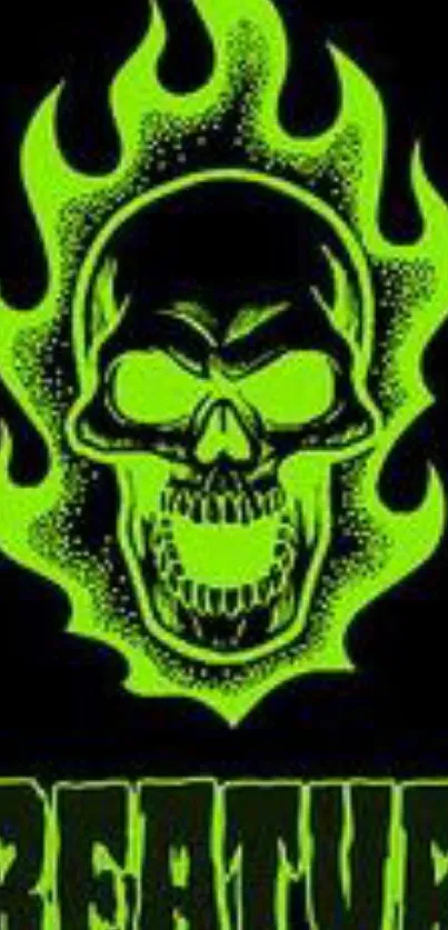 Striking neon green skull with flames on black background wallpaper.