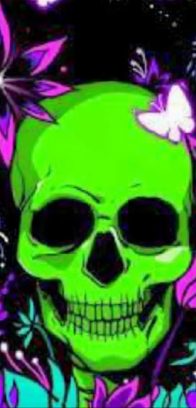 Neon green skull with floral designs and dark background.