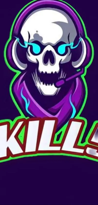 Vibrant neon skull gaming wallpaper with bold purple and green hues.