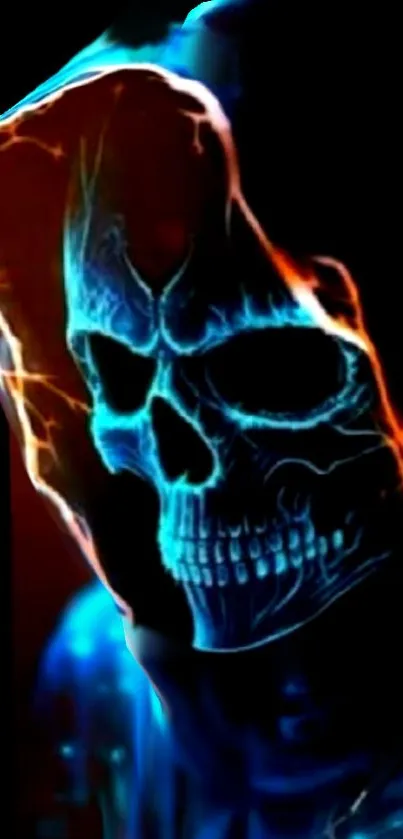 Electrifying neon skull with blue glow design for mobile wallpaper.