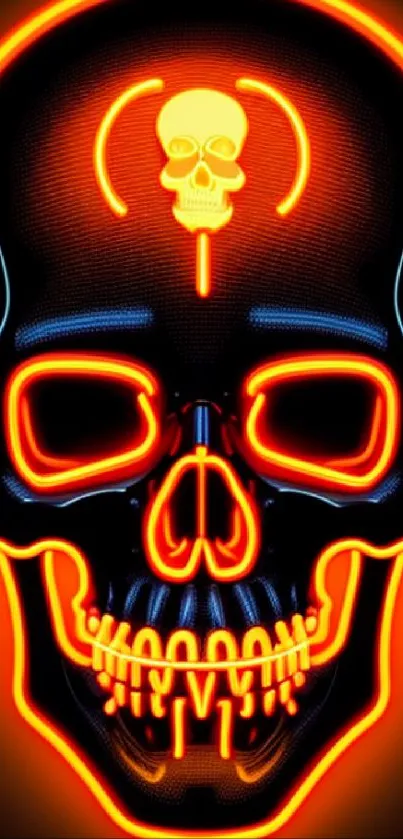 Orange neon skull glowing against a dark background.