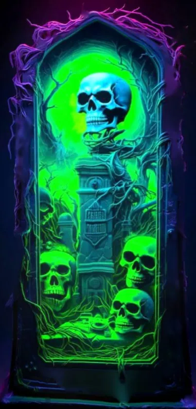 Neon green gothic skull wallpaper with dark background.