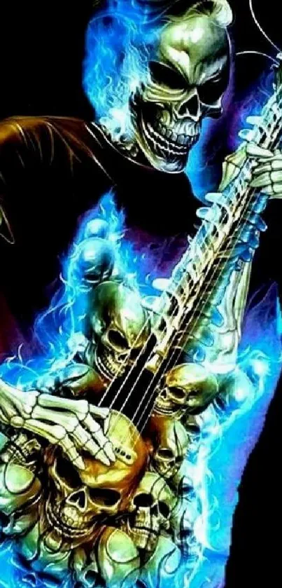 Neon skull playing electric guitar with blue flames.