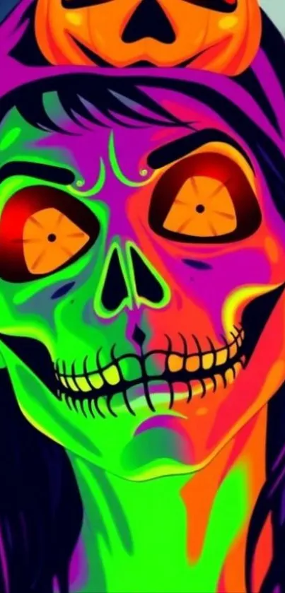 Neon skull with Halloween pumpkin art, vibrant and colorful design.