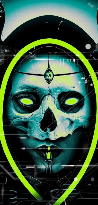 Hooded skull with neon green accents in an atmospheric art style.