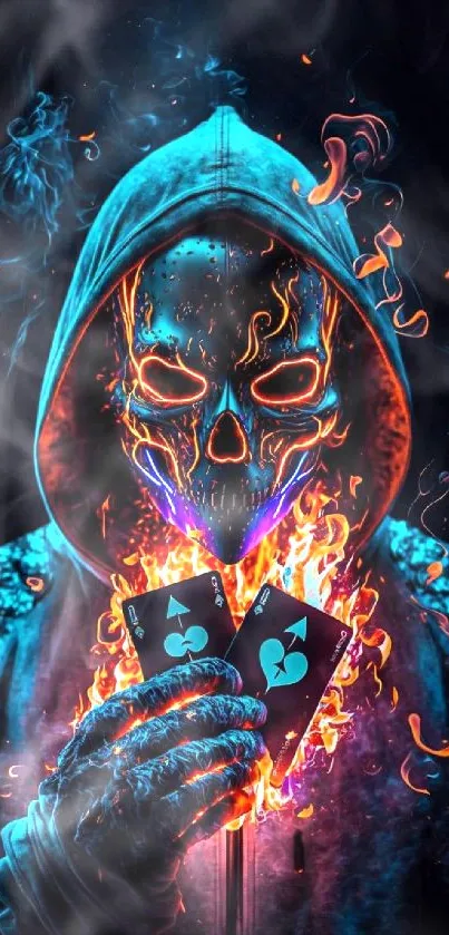 Neon skull figure holding burning playing cards.