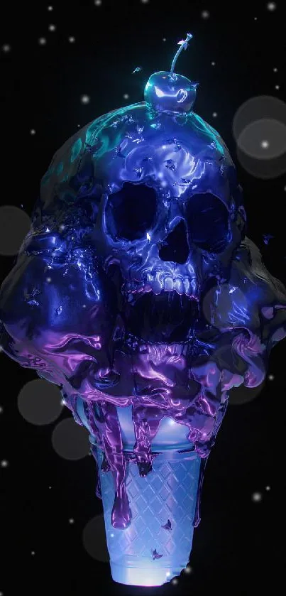 Neon skull ice cream cone with dark background.