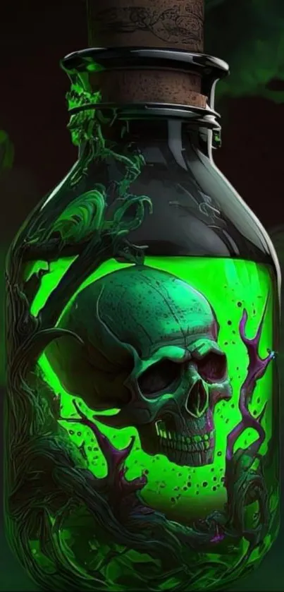 Green neon skull encased in a dark glass bottle.