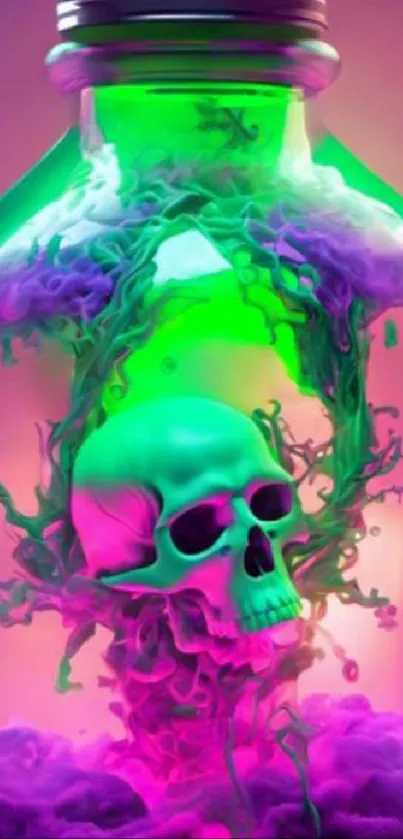 Neon skull in a glass bottle with purple mist.