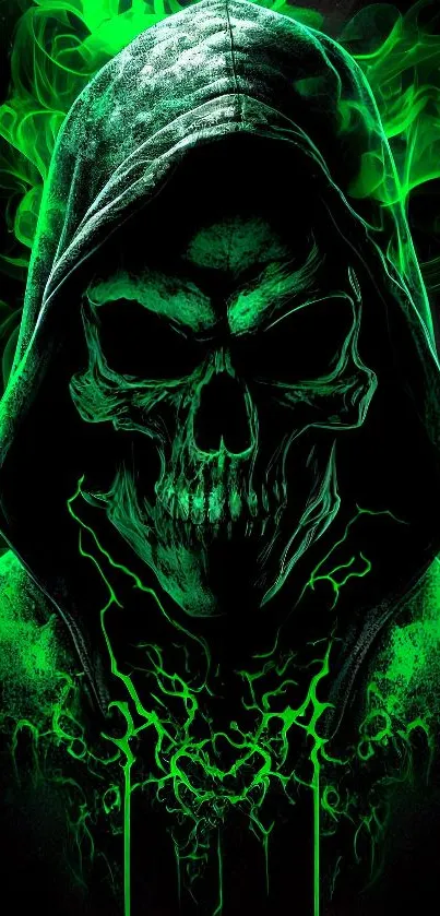 Striking neon green skull with hood and flames wallpaper.