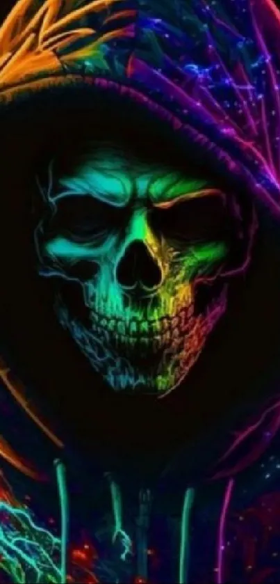 Neon skull in hooded sweatshirt with vibrant colors on a dark background.