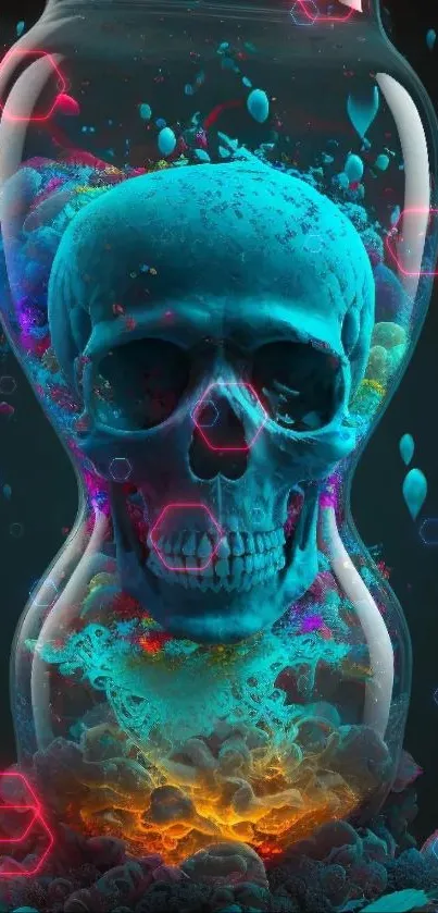 Neon blue skull art in an hourglass with vibrant colors and abstract design.