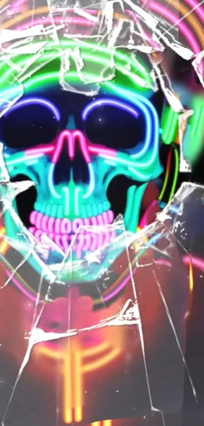 Neon skull with vibrant colors and shattered glass effect in the wallpaper.