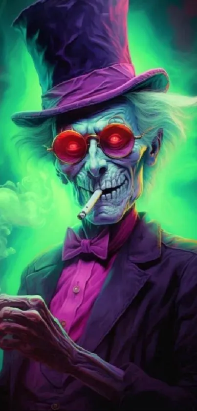 Neon skull with glowing eyes and top hat, smoking a cigarette.