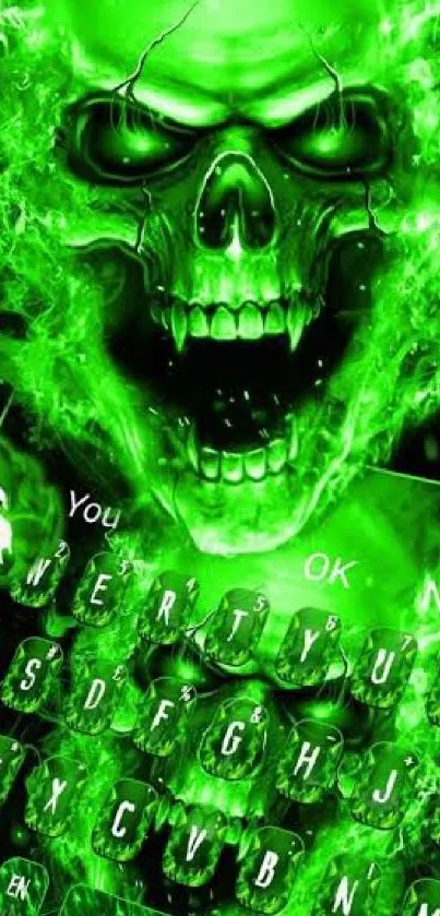 Neon green skull and keyboard wallpaper with fiery effects.