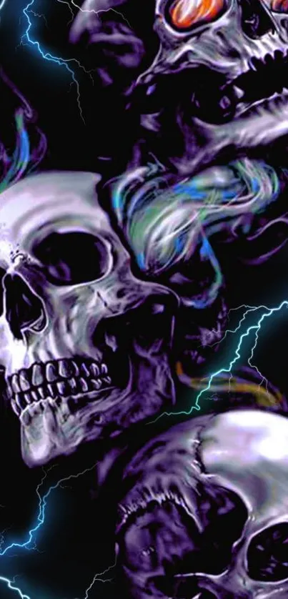 Neon skulls with lightning in dark, artistic wallpaper.