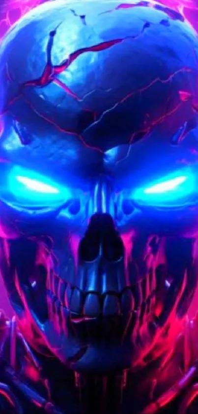 Neon skull with blue eyes and pink lightning effect on a dark background.