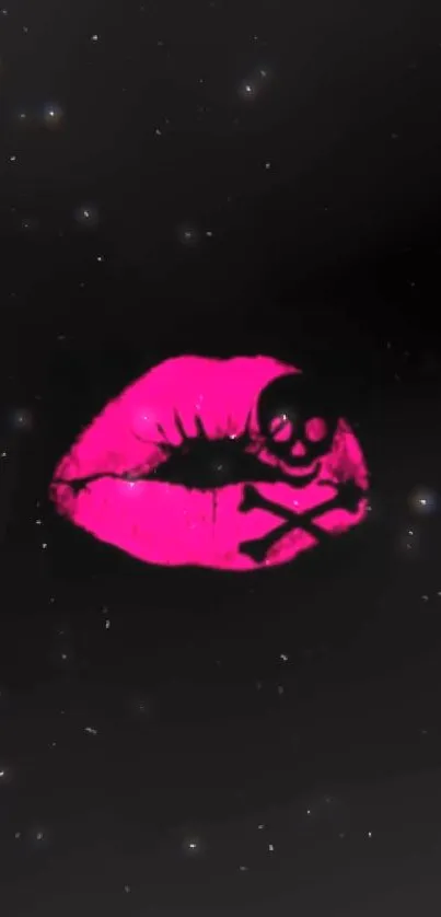 Neon pink skull lips on dark background wallpaper.