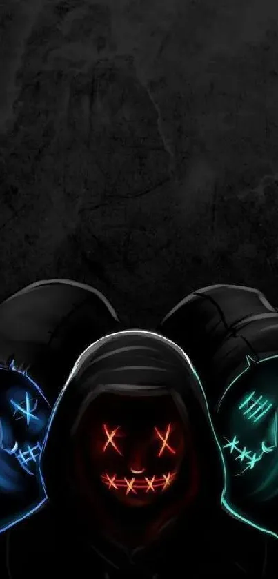 Three hooded figures with neon skull masks in dark background.