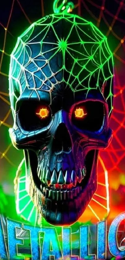 Neon skull with vibrant colors and metal text on a digital wallpaper.