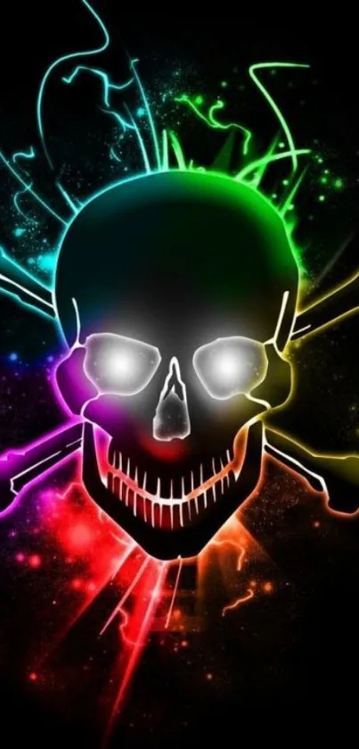 Neon skull wallpaper with colorful glowing effects on a black background.