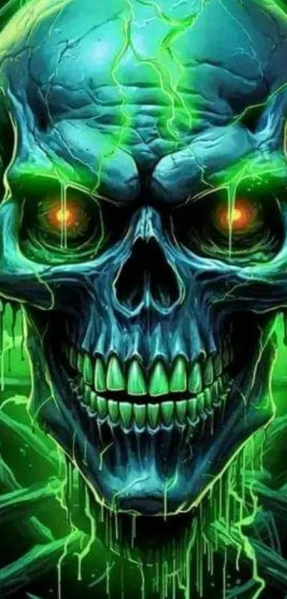 Neon skull with green glow on phone wallpaper, featuring vivid colors.