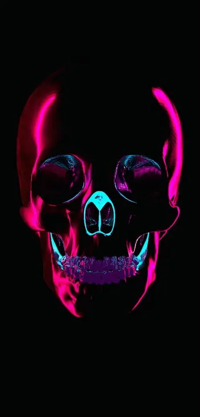 Neon pink and blue skull on black background