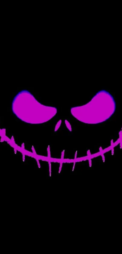 Neon skull with purple eyes on black mobile wallpaper.