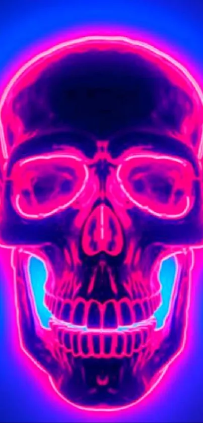 Neon skull glowing in electric blue and pink hues on a dark background.