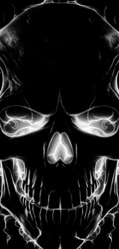 Neon skull with glowing edges on a black background.