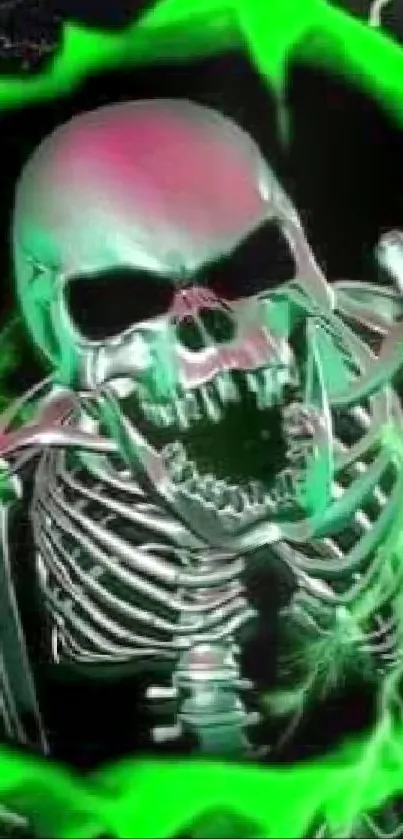 Neon green skull with metallic look against dark background.