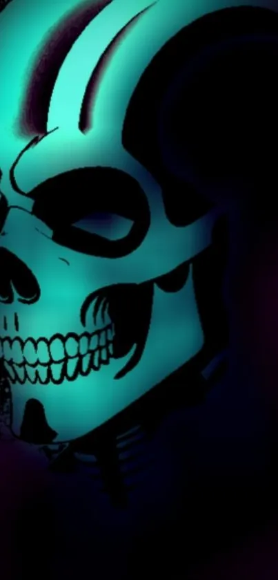 Neon skull design with turquoise glow on black background.