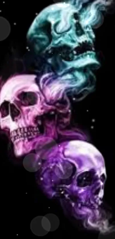 Neon skulls with colorful hues on a black background for mobile wallpaper.