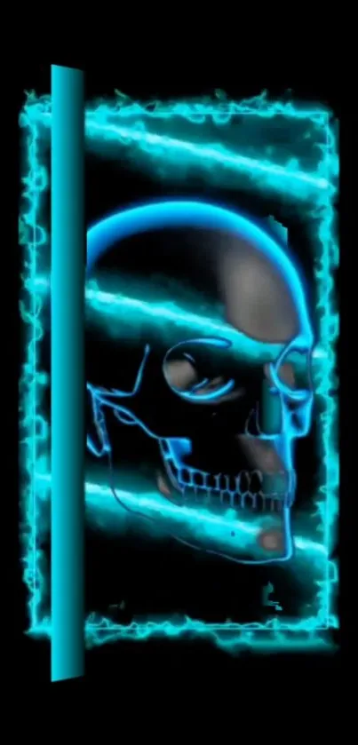 Futuristic neon skull art wallpaper in vivid blue on a black background.